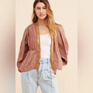 Free People JASMINE Jacket Cardigan Beaded Embroidery Tie Open Front Pink Mist M